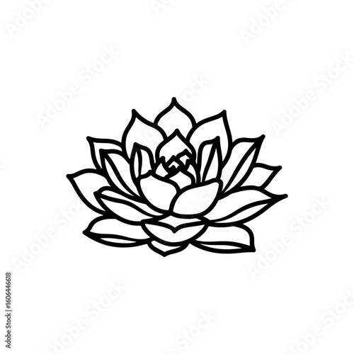 black and white line drawing of a succulent or flowering plant with intricate, overlapping petals or leaves. The overall shape resembles a rosette or spiral pattern, creating a visually striking and g
