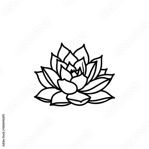 black and white line drawing of a succulent or flowering plant with intricate, overlapping petals or leaves. The overall shape resembles a rosette or spiral pattern, creating a visually striking and g