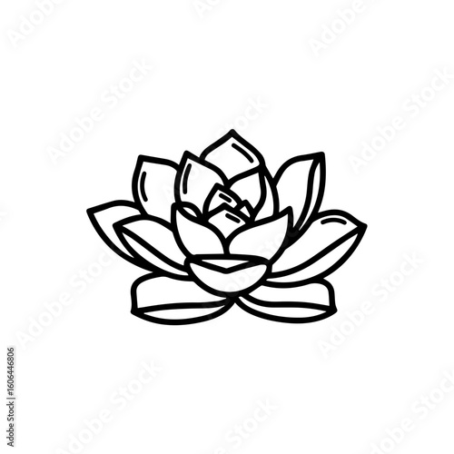 black and white line drawing of a succulent or flowering plant with intricate, overlapping petals or leaves. The overall shape resembles a rosette or spiral pattern, creating a visually striking and g