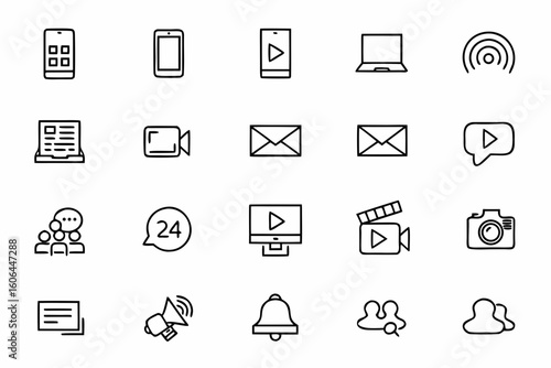 A comprehensive vector set illustrating news distribution and media consumption in elegant line art. Great for news apps, social platforms, and broadcasting companies