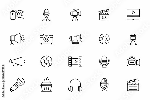 A modern bundle capturing media production and news reporting tools in clean one-line illustrations. Perfect for journalism schools, media agencies, and content creators