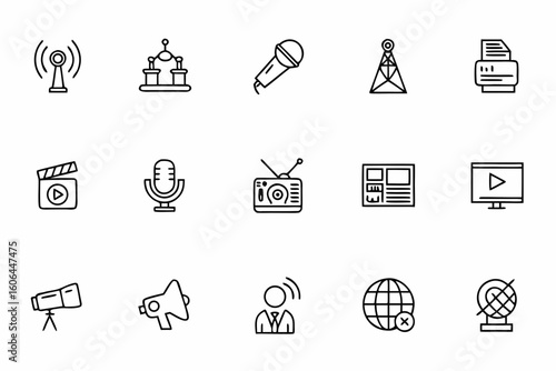 A sleek bundle illustrating core media and news elements in minimalist single-line art. Ideal for news portals, digital media companies, and editorial content