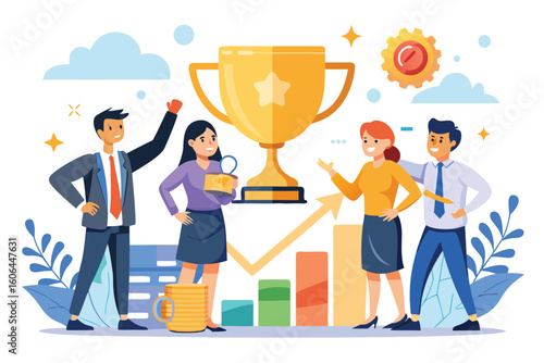 Successful business team celebrates achievement with leadership award and recognition for outstanding performance in a vibrant office environment