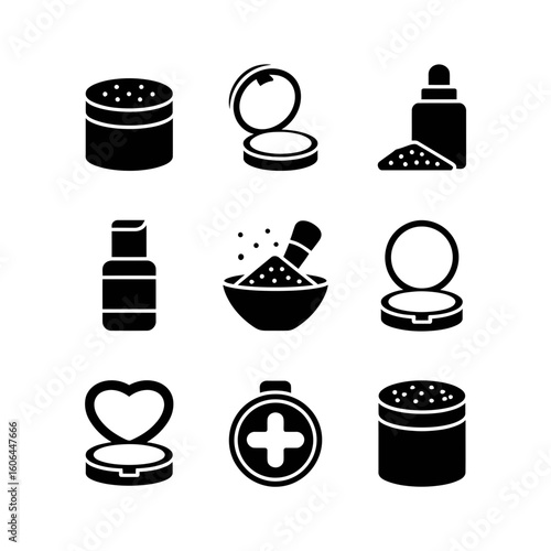Collection of cosmetic product icons in silhouette isolated on white background