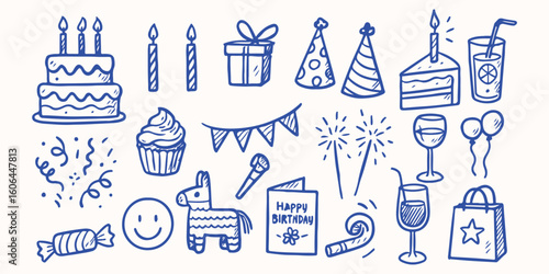 Hand drawn Happy Birthday for sticker or notebook illustration