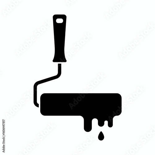Black silhouette of a paint roller with dripping paint isolated on white background silhouette