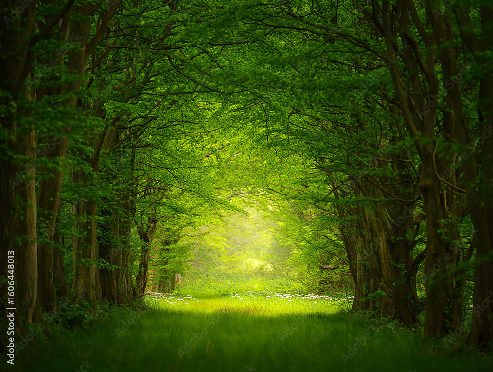 Naklejka premium Lush green forest path with dappled sunlight trees