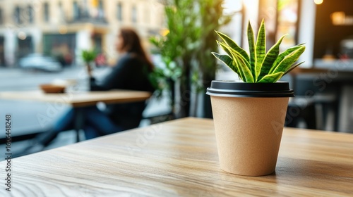 Fototapeta Naklejka Na Ścianę i Meble -  A small succulent plant in a disposable coffee cup sits on a light wood table in a cafe; a blurred woman sits at a table in the background, street visible beyond