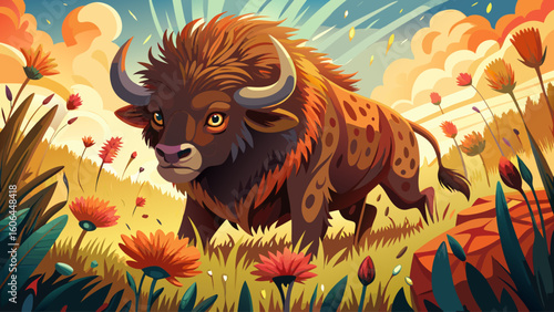 A steppe bison charges through a flower-filled meadow, massive hooves crushing tall grasses and petals beneath