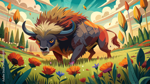 A steppe bison charges through a flower-filled meadow, massive hooves crushing tall grasses and petals beneath
