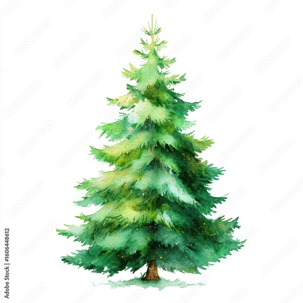 Fototapeta premium Festive Watercolor Tree. Holiday Illustration of a Cheerful Christmas Tree Surrounded by Nature and New Year Vibes