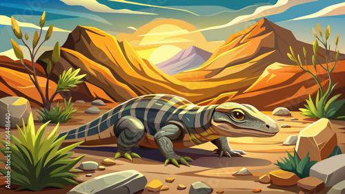 A Megalania lizard lurks between dry boulders in a sun-drenched Australian outback plain
