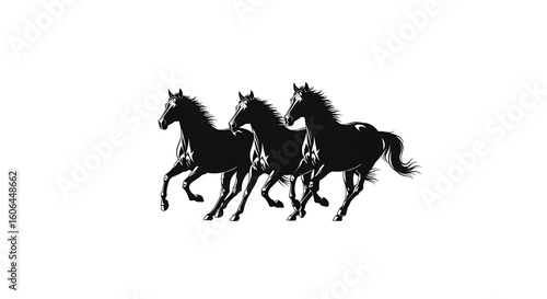 A black silhouette of three horses galloping together, representing speed, power, and freedom.