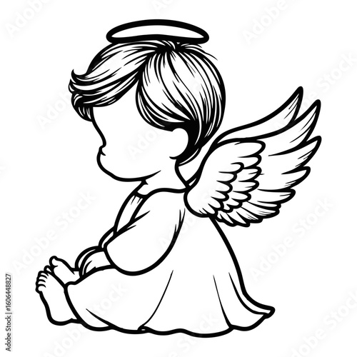 Outline Drawing of Cute Baby Angel Sitting with Wings and Halo