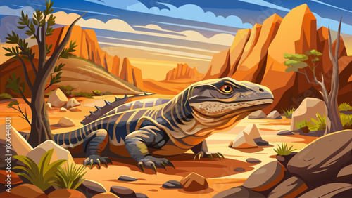A Megalania lizard lurks between dry boulders in a sun-drenched Australian outback plain