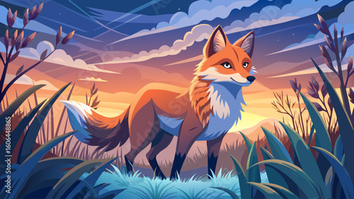 A prehistoric fox with thick fur hunts quietly through frosted grasslands at twilight
