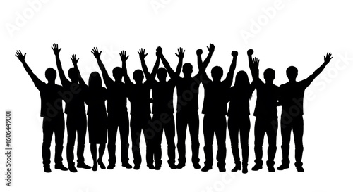 A black silhouette of a large, happy crowd of people cheering with their hands in the air.