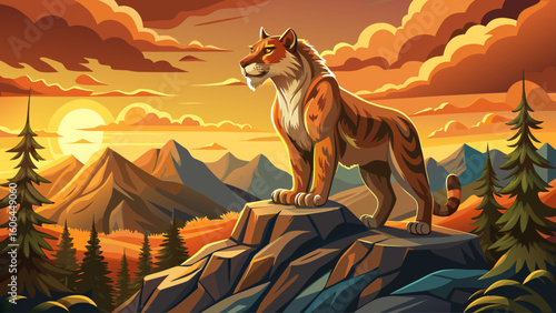 A sabertooth cat stands proudly atop a rocky ridge at sunset, overlooking its hunting grounds