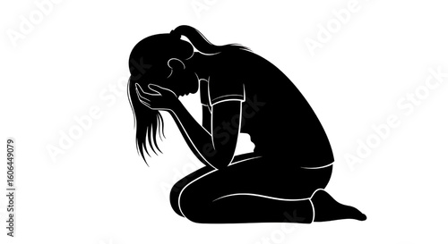A black silhouette of a sad or depressed woman sitting on the floor with her head in her knees.