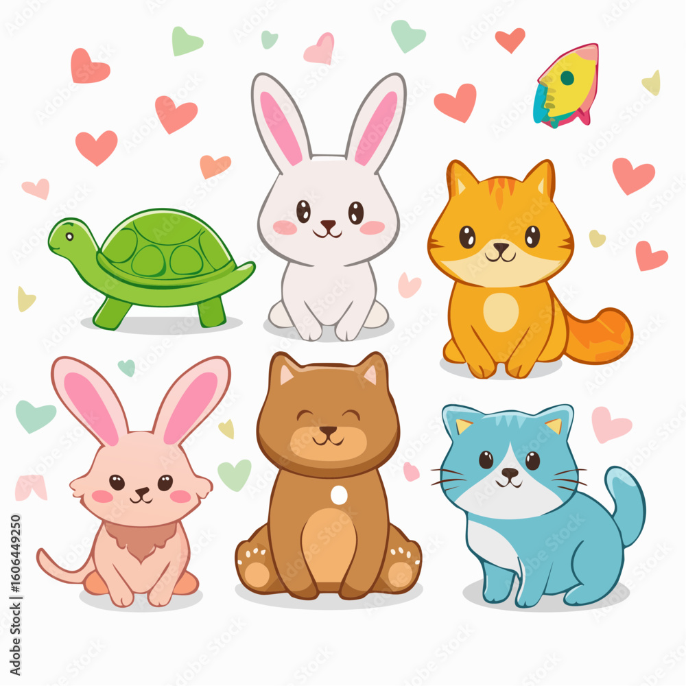 Fototapeta premium A vibrant vector illustration set of wild safari animals including a lion, giraffe, zebra, and a pink flamingo pool float, surrounded by tropical leaves.