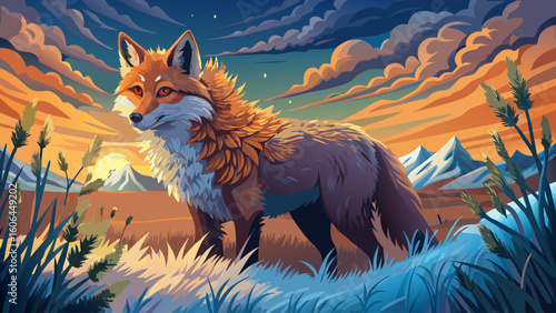 A prehistoric fox with thick fur hunts quietly through frosted grasslands at twilight