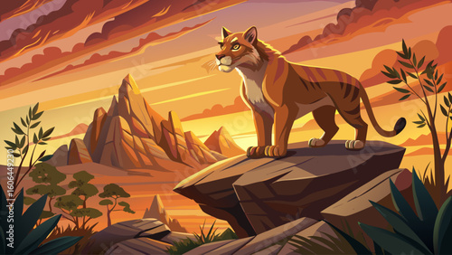 A sabertooth cat stands proudly atop a rocky ridge at sunset, overlooking its hunting grounds