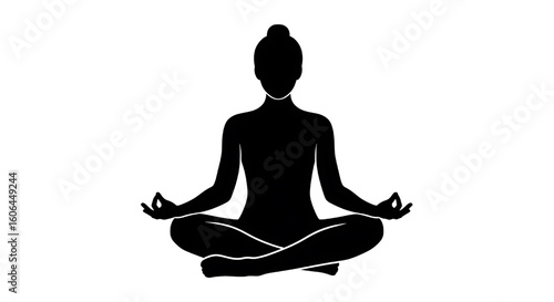 A black silhouette of a person sitting in a meditative yoga pose.