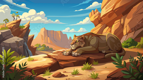 A saber-toothed predator naps atop a sunlit boulder in a quiet desert canyon