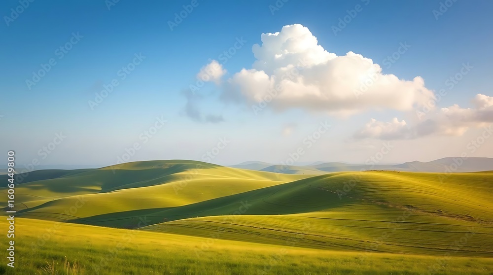 Obraz premium Rolling Green Hills Under a Blue Sky with Fluffy White Clouds