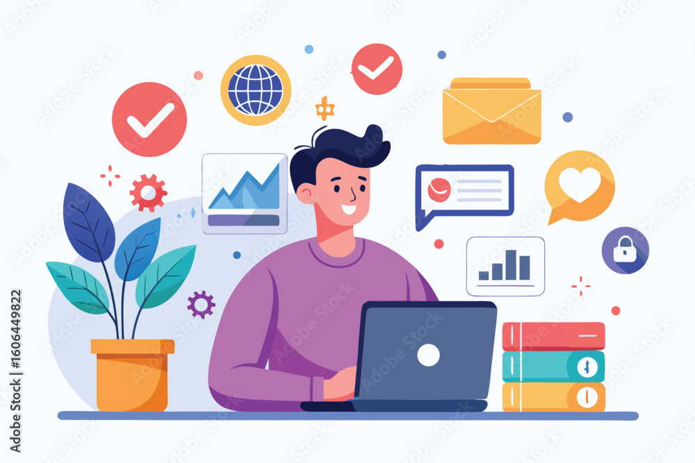Fototapeta premium Social media marketing concept illustrated with a person working on a laptop surrounded by various digital marketing icons in a creative workspace