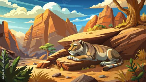 A saber-toothed predator naps atop a sunlit boulder in a quiet desert canyon