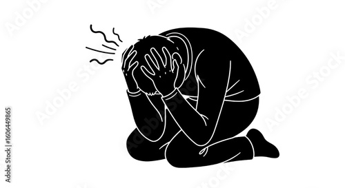 A black silhouette of a person in distress, clutching their head in their hands.