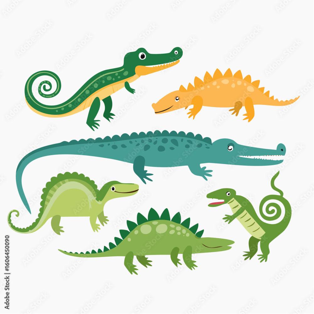 Fototapeta premium Collection of Cute Cartoon Reptiles and Dinosaurs with Unique Expressions