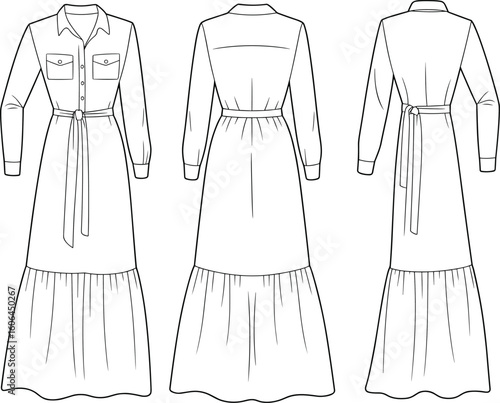 Shirt collar maxi dress flat sketch with belt, front and back views, buttoned bodice, long sleeves, CAD vector illustration
