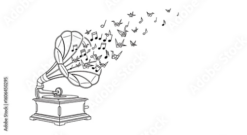 A line art illustration of a gramophone with a stream of butterflies flying out.