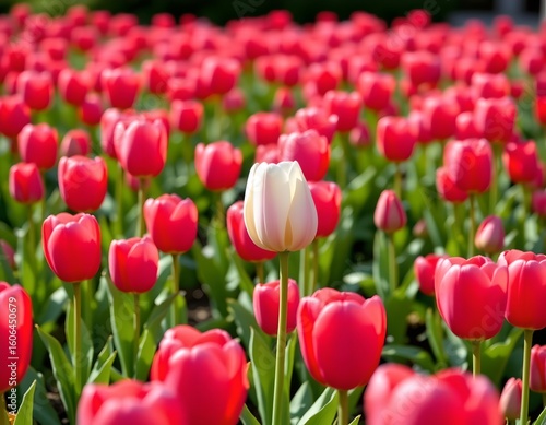 Vibrant Tulip Field with White Blossom Foreground