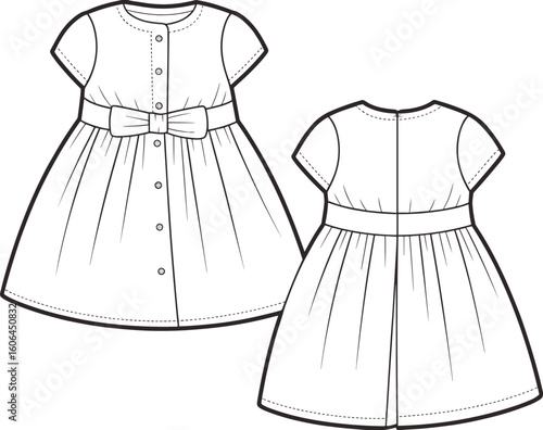 Short sleeve baby dress with waist bow, front button placket, pleated skirt detail, vector flat sketch cad illustration design