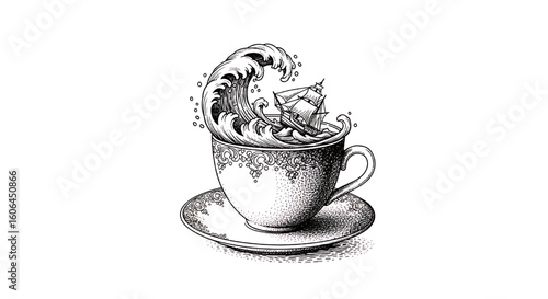 A surreal illustration of a teacup containing a miniature world with a tree and butterflies.