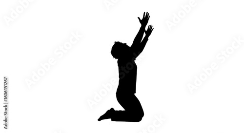 A black silhouette of a person on their knees with arms raised in celebration or prayer.
