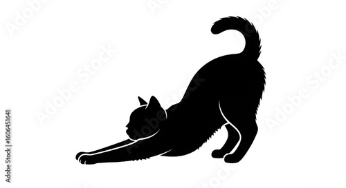 A simple black silhouette of a cat stretching, isolated on a white background.