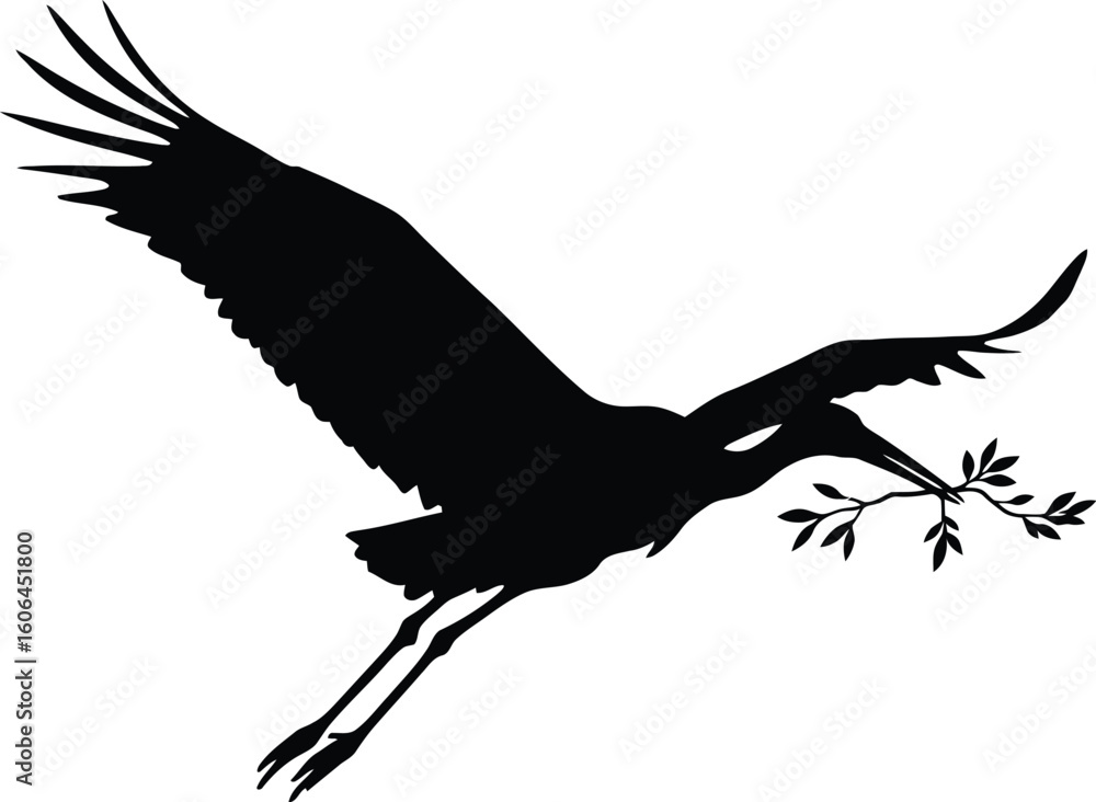 Fototapeta premium Silhouette of a Crane Flying with an Olive Branch in its Beak on White Background