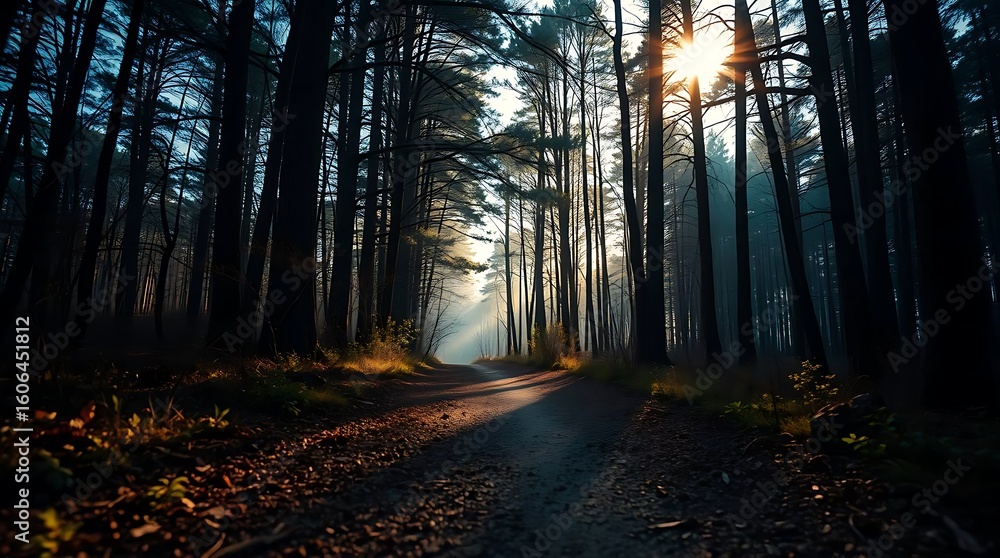 Fototapeta premium A Serene Journey on a Sunlit Path Through an Enchanted Woods