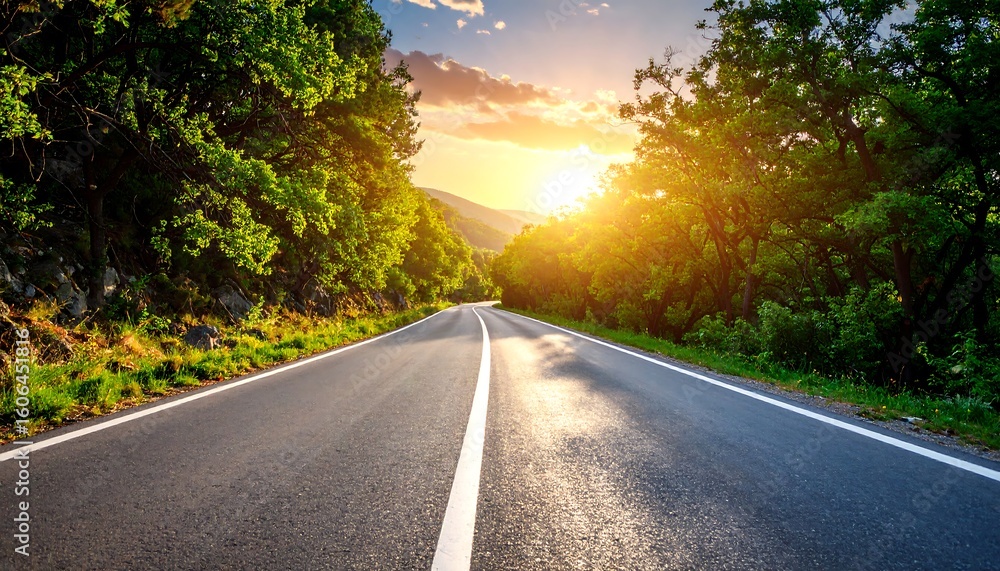 Fototapeta premium Scenic asphalt road through a lush forest at sunset