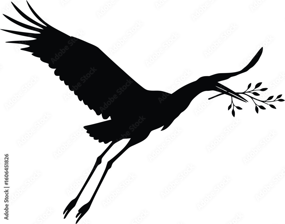 Fototapeta premium Elegant Silhouette of a Crane in Flight Carrying a Branch Symbolizing Peace and Hope