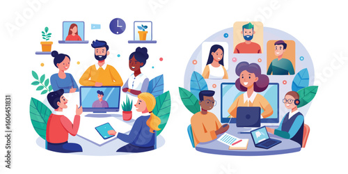 Team of diverse coworkers engaged in a video call meeting, remote collaboration, online teamwork, virtual office communication, business conference vector illustration