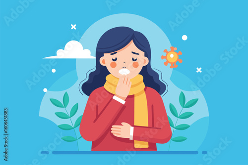Sick woman character experiencing sore throat and cold symptoms while resting at home with a scarf wrapped around her neck on a bright day