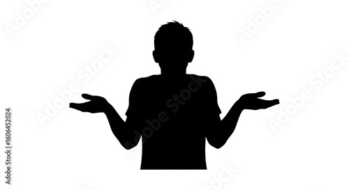 A simple black silhouette of a person shrugging, expressing confusion or indifference.