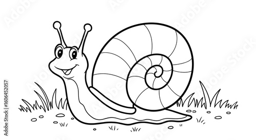 Vector illustration of a cute snail in grass for coloring on white background