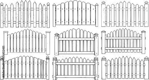 various fence designs, wooden fences, picket fences, garden fences, different styles, black and white, detailed patterns