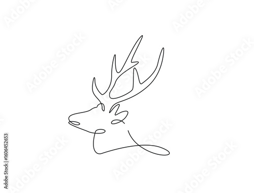 Continuous line art drawing of deer head - animal concept. Antlers head in single line art drawing vector illustration. Editable stroke.